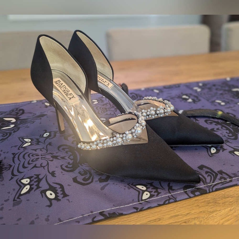 Badgley Mischka Black Satin Pumps with Pearls and Rhinestones, 7.5